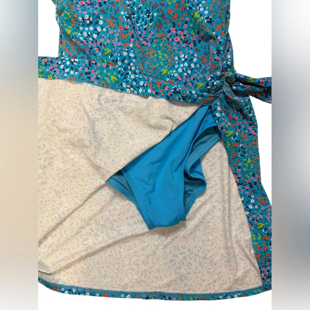 Lands' End women’s one piece swimsuit swim dress 2 blue floral - Picture 2 of 8